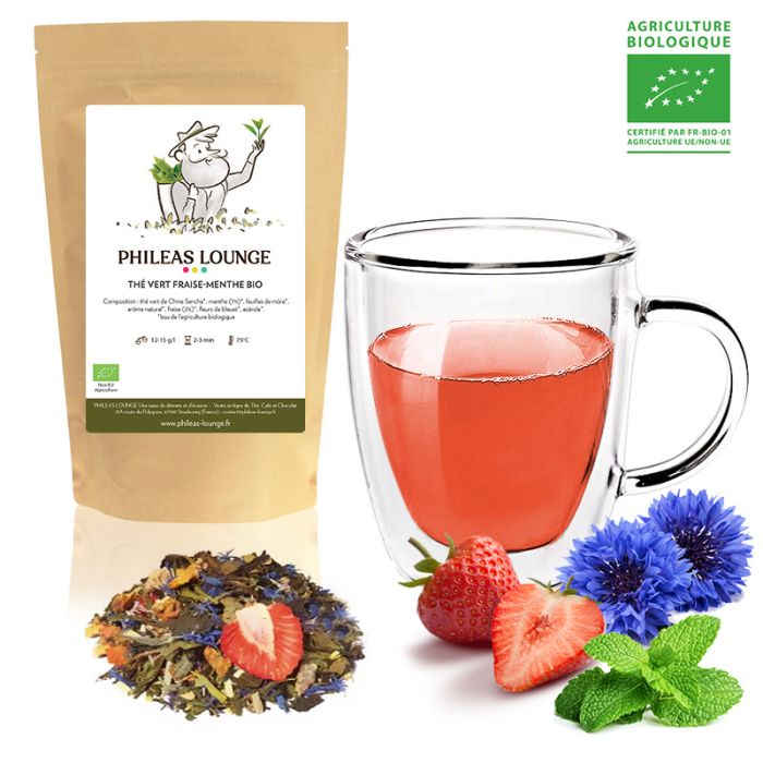 Phileas Lounge: Thé vert fraise menthe bio_ mélange fruité de thé vert  biologique